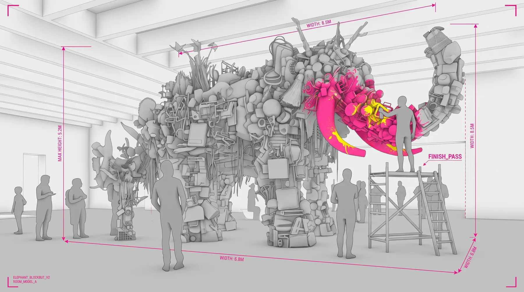 A figure trailing a mass of fabric and objects through a gallery
