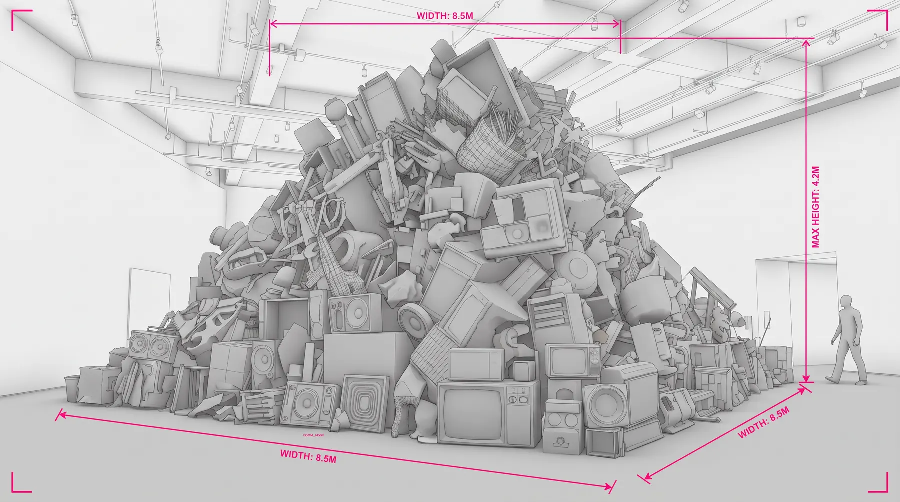 A pile of old televisions, speakers and appliances lit in a gallery