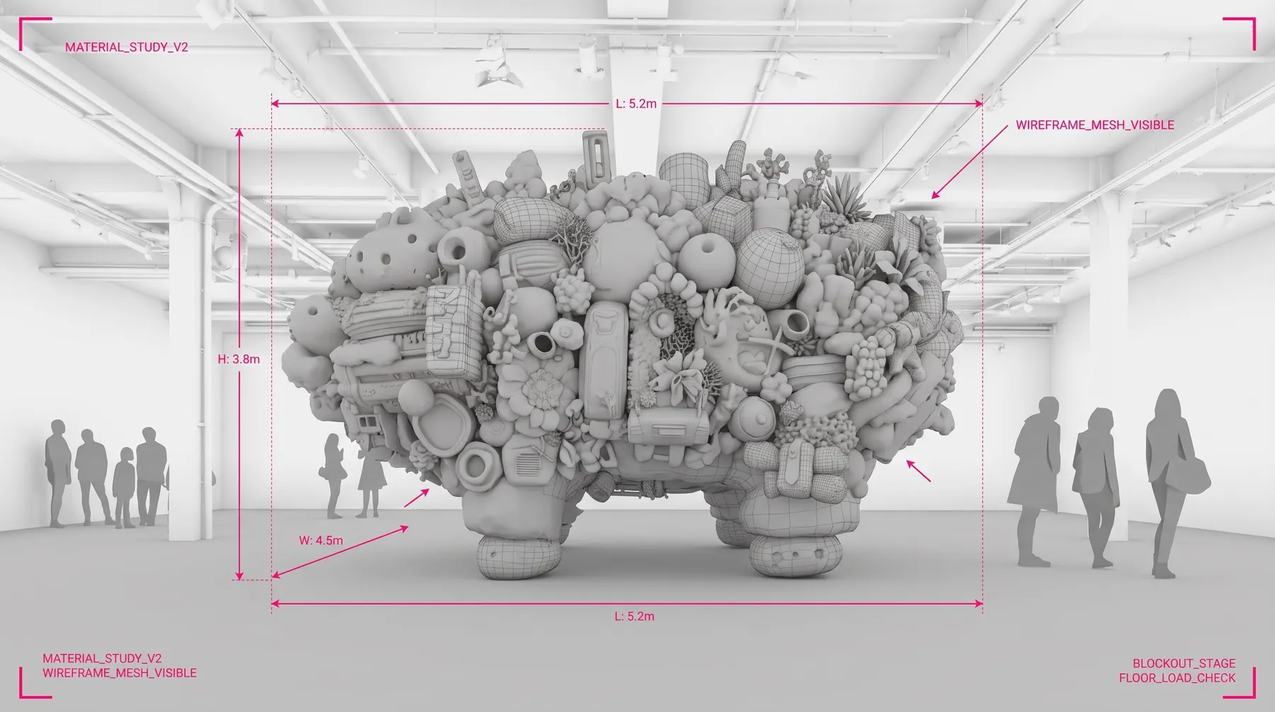 Visitors walking around a large sculpture of assembled objects in a museum
