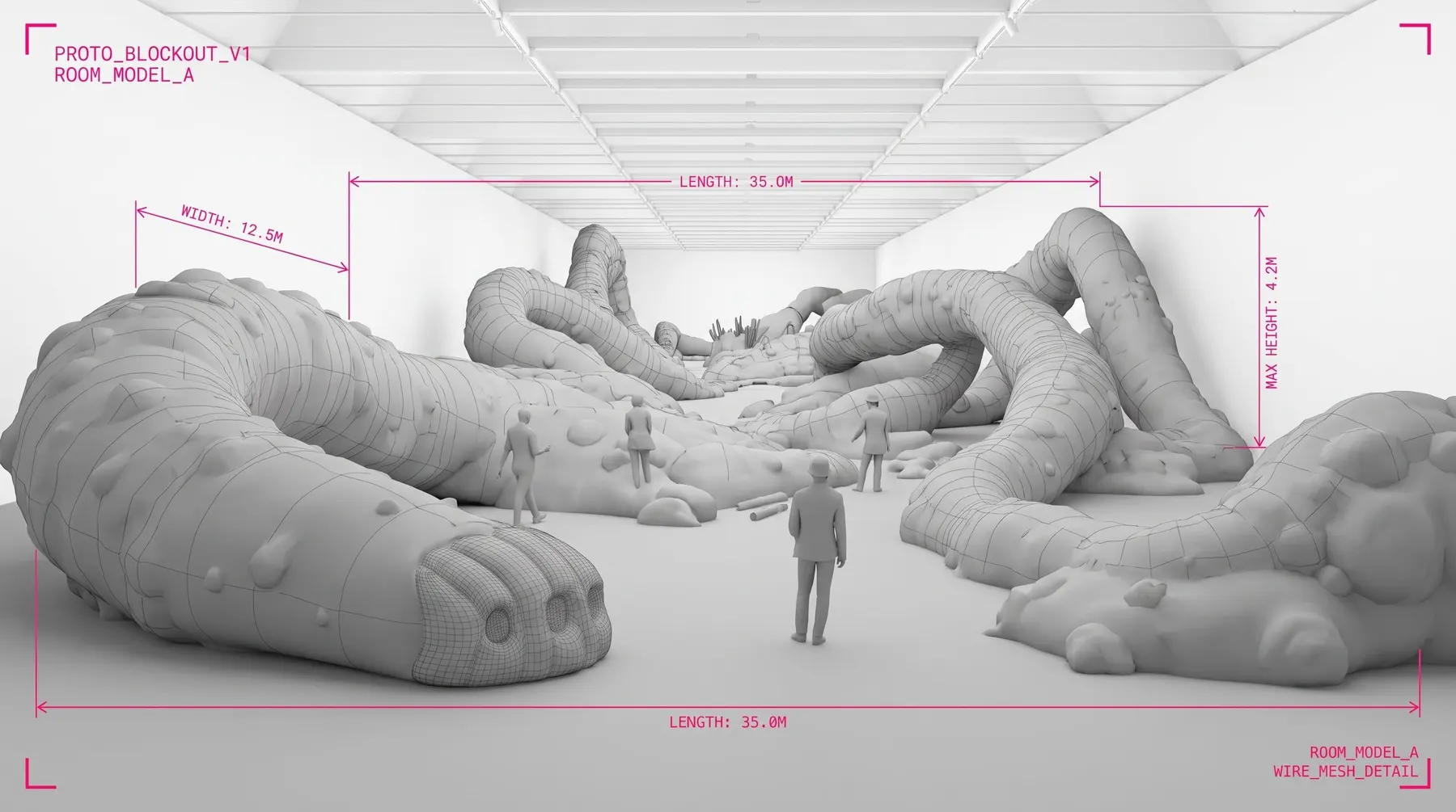 Visitors walking through a room filled with large sculpted forms