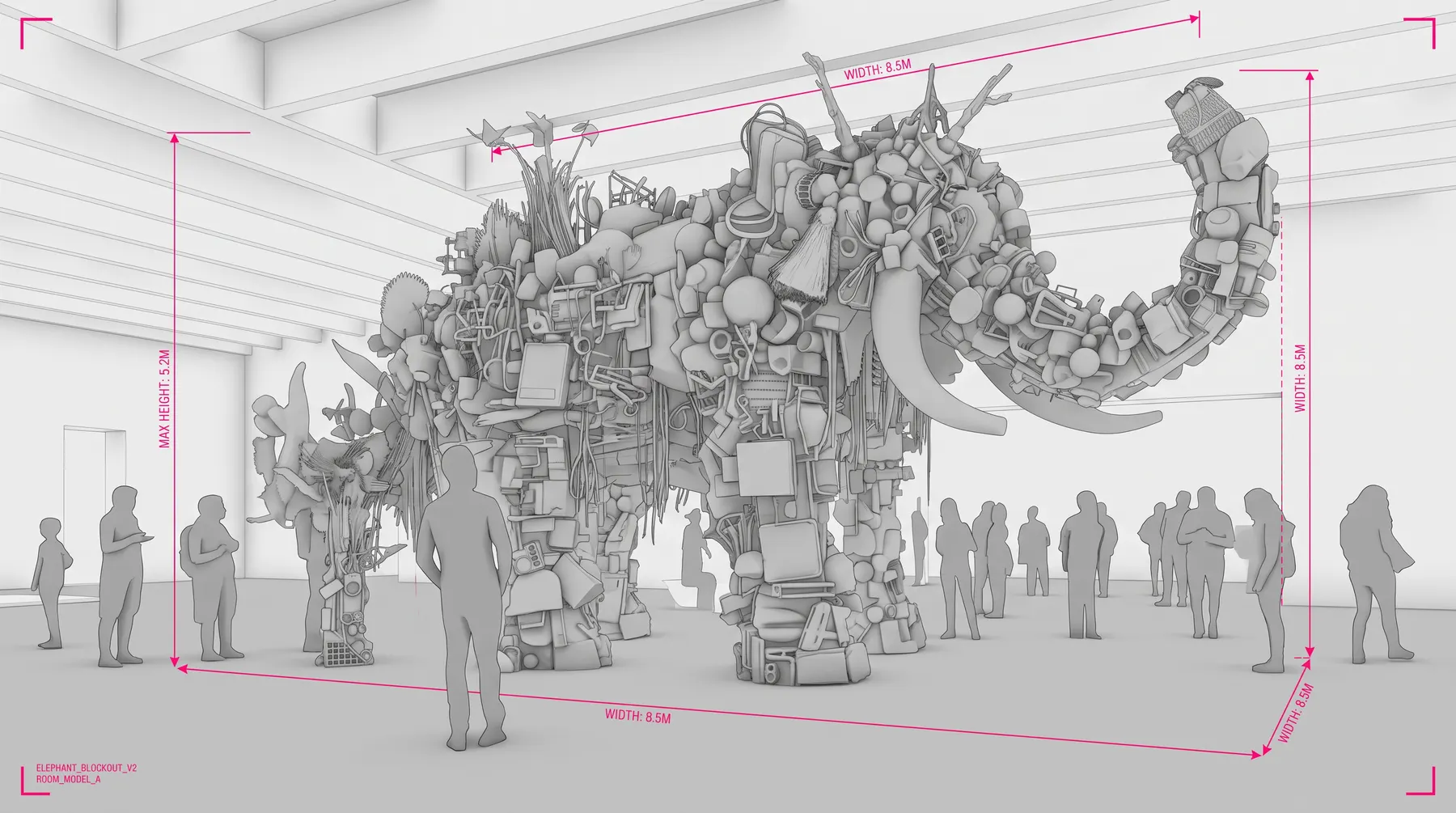 A sculpture made of hundreds of donated objects, standing in a museum hall