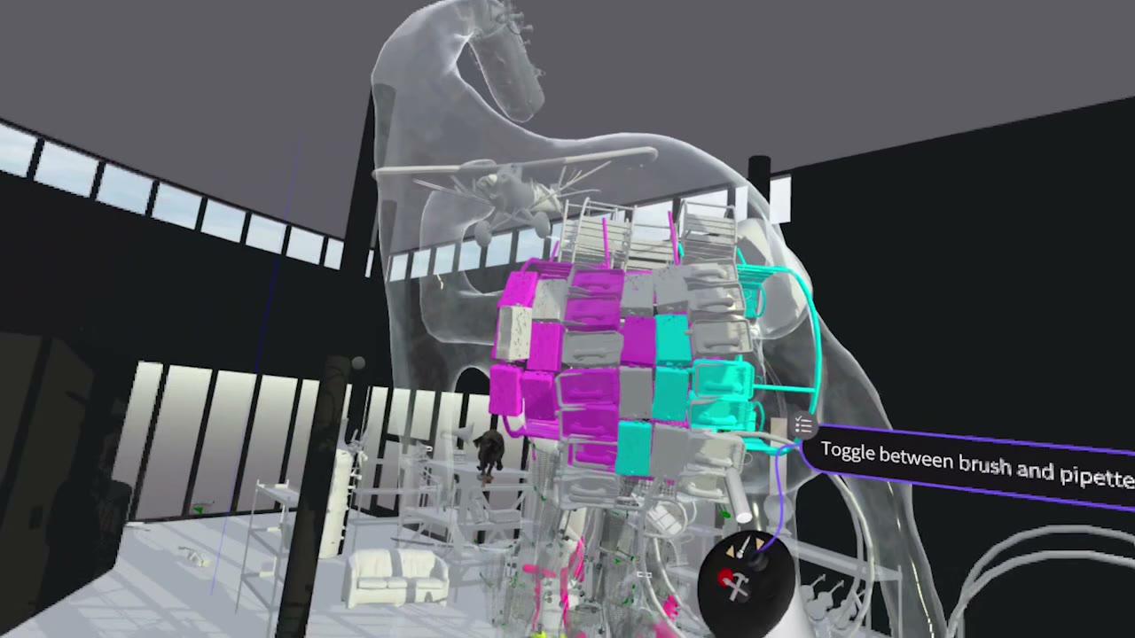 A coloured sculpture built by a group, inside the virtual warehouse